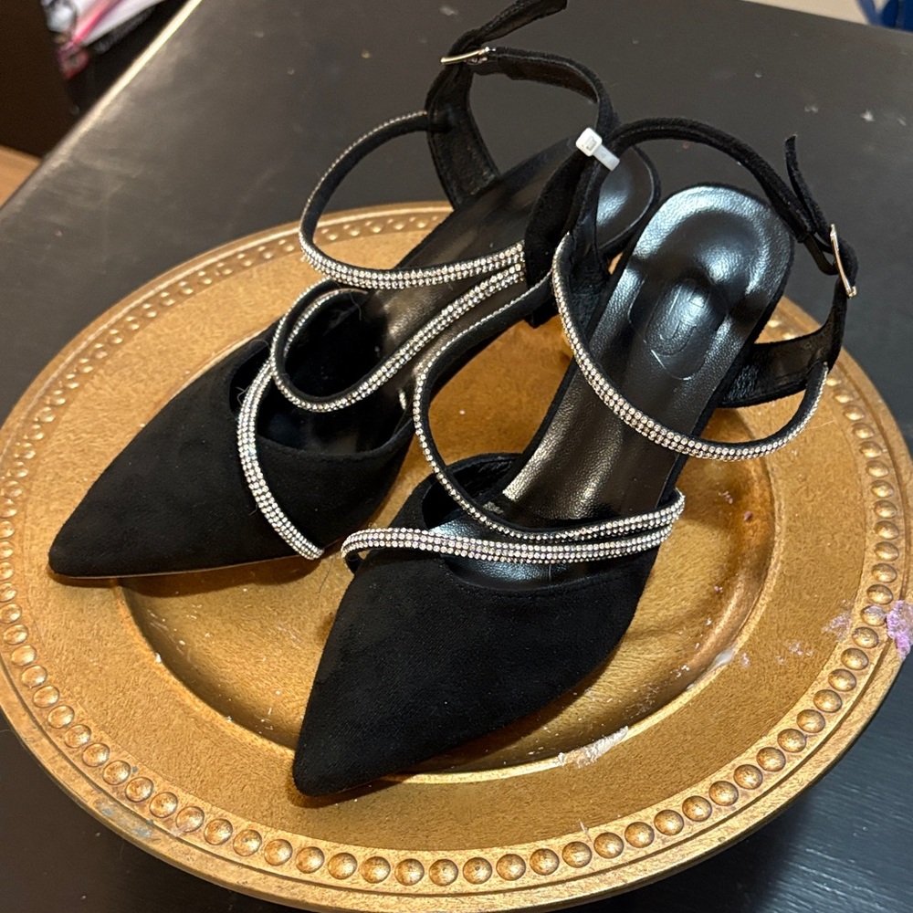 Women's Black Heels with Rhinestone Straps